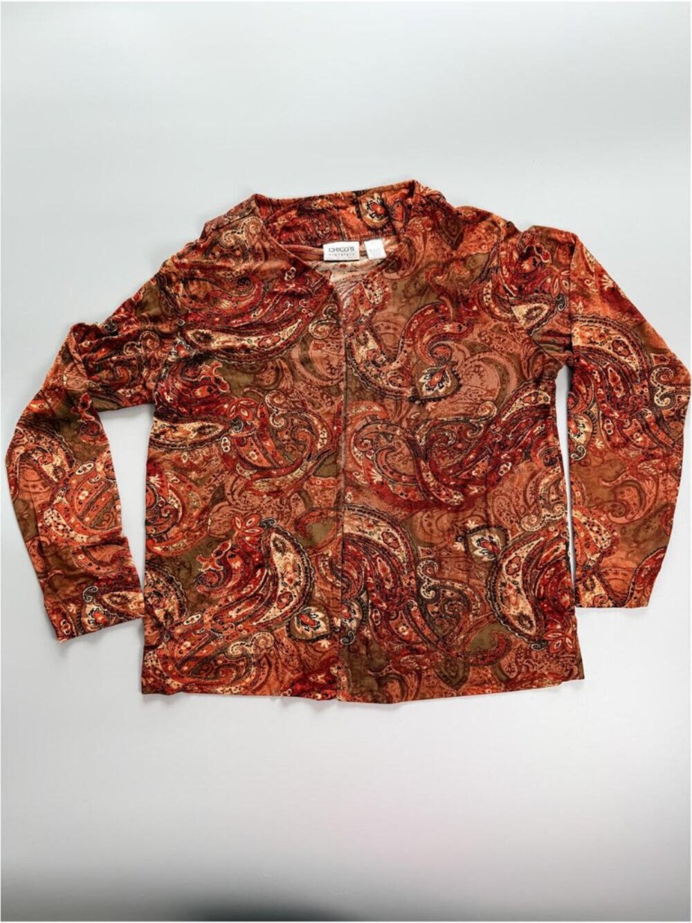 Chico's Paisley‎ Top Womens Medium, Long Sleeve Brown Orange Boho Top S-M